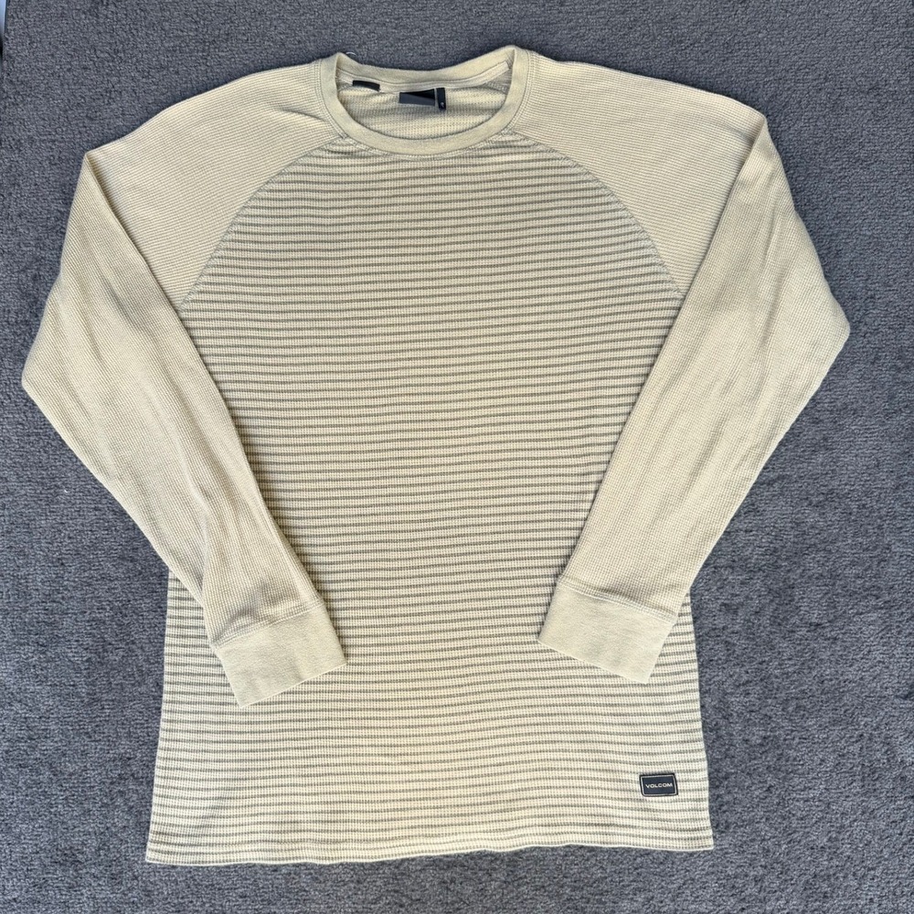 Volcom Mens Striped Waffle Knit Thermal Long Sleeve Raglan Shirt Tan Grey‎ Large